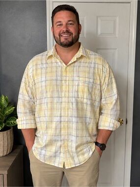 Alex Cannon Men's XL Yellow Plaid Button-Up Dress Shirt, 100% Cotton